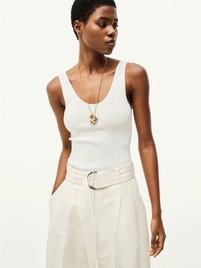 H&M Cream High-Waist Wide-Leg Linen Blend Belted Pants